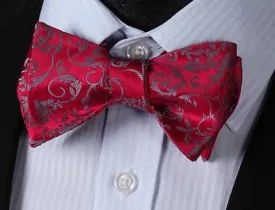 Raspberry Red and Silver Floral Silk Bowtie and Pocket Square Set