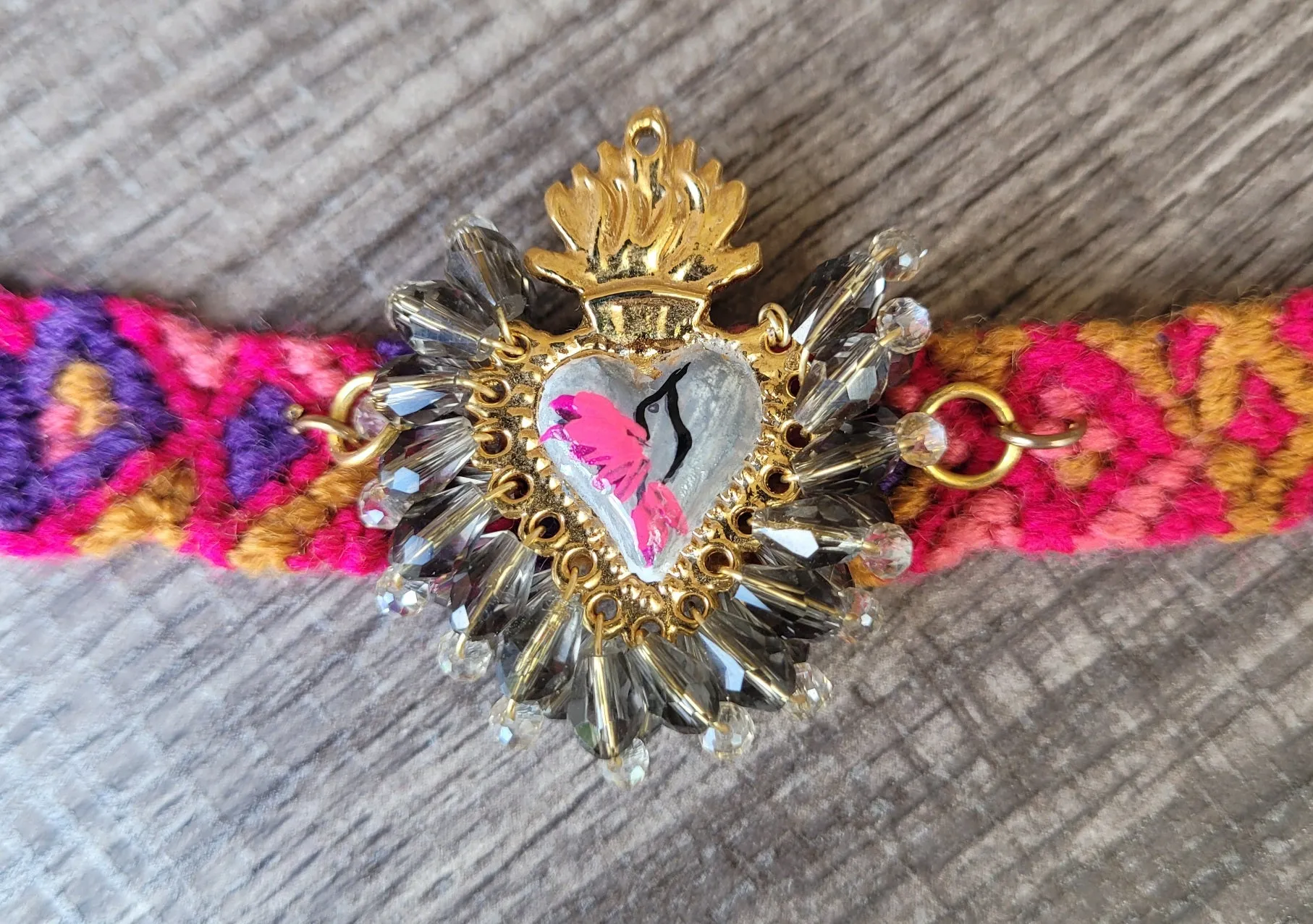 Sacred heart/painted hummingbird & embroidered strap bracelet