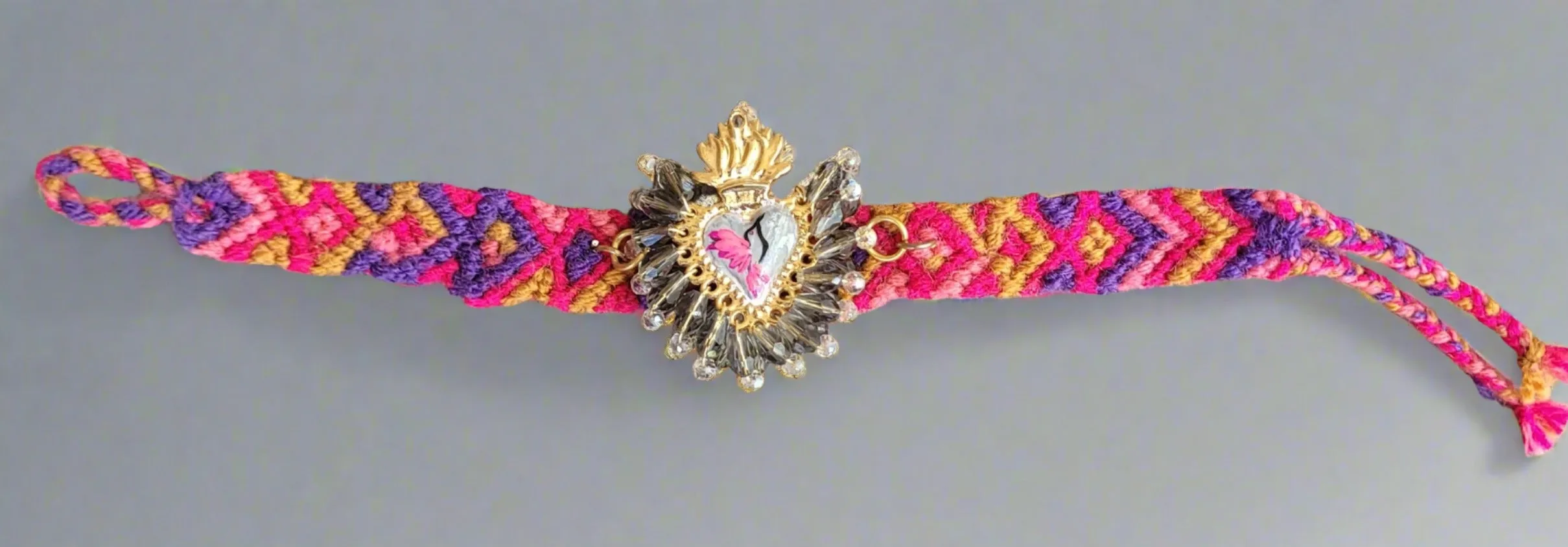 Sacred heart/painted hummingbird & embroidered strap bracelet