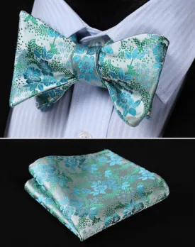 Silvery Green, Seafoam, Turquoise Floral Self-Tie Bow Tie & Matching Pocket Square