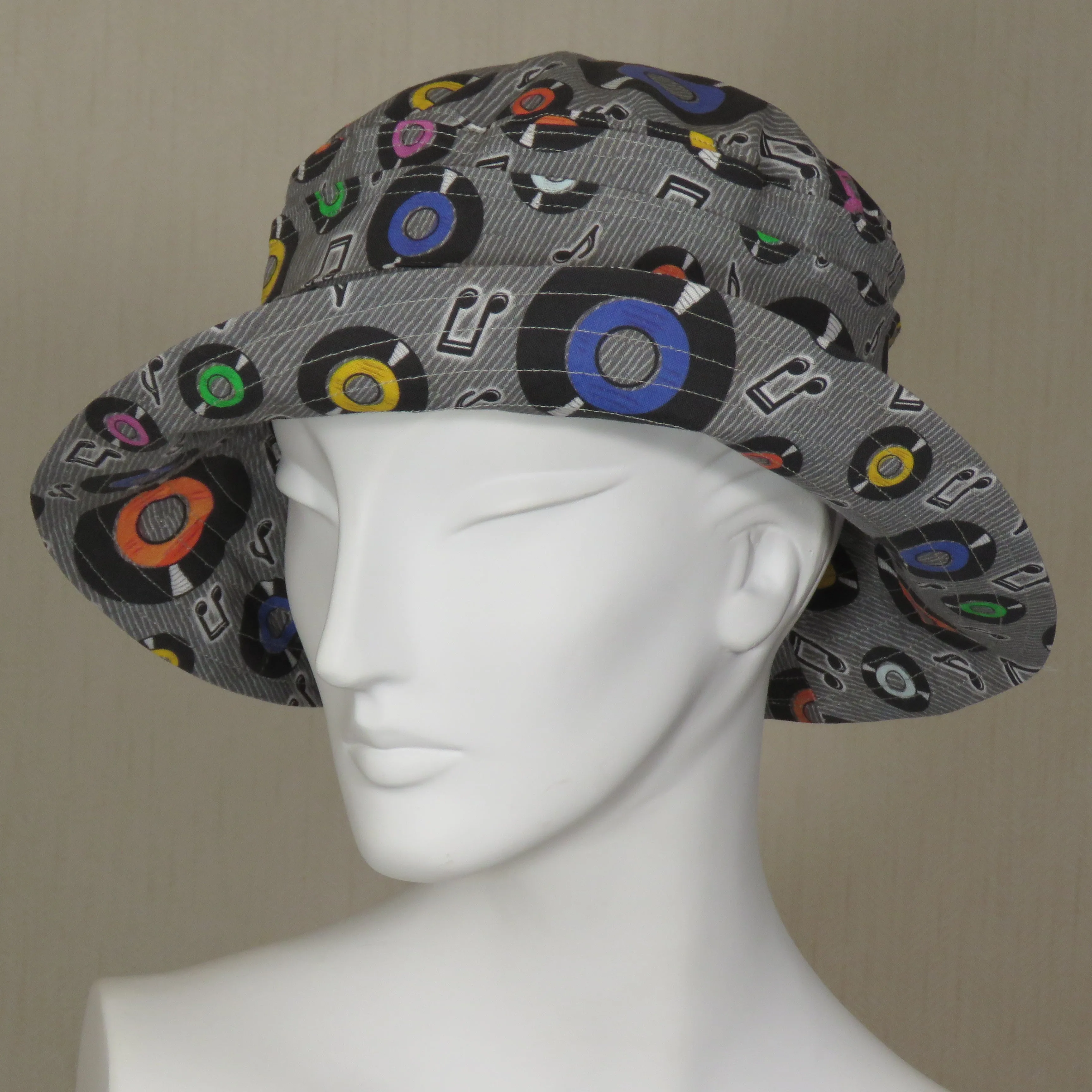 Soiree Brim, Vinyl Records Print on Grey, Size Medium