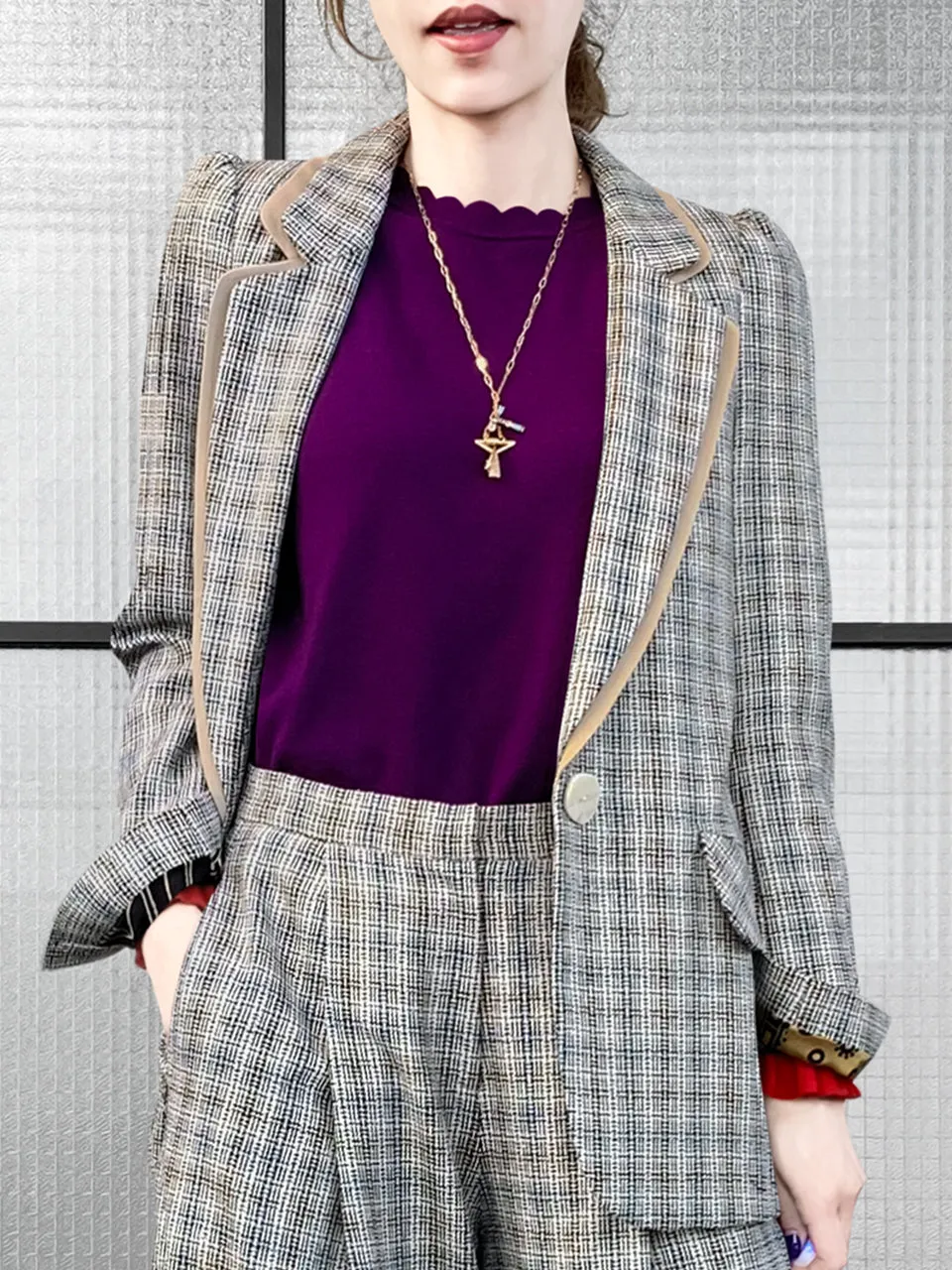 Surprise Sale! Classic Plaid Woollen Silk Blended Tailored Jacket